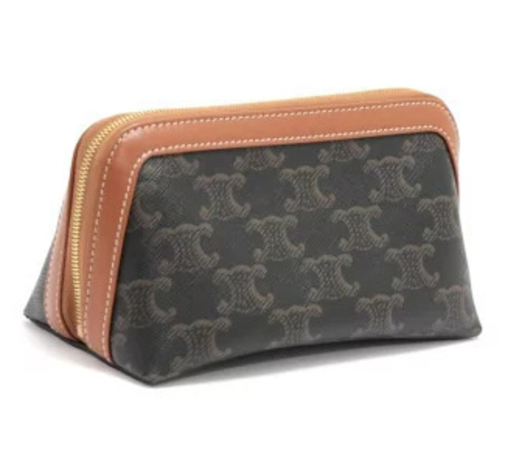 Celine Triomphe Cosmetic Clutch Leather Pouch Black